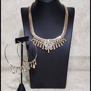 Gold Statement Necklace and Hoop Earring Set - Elegant Crystal Accent